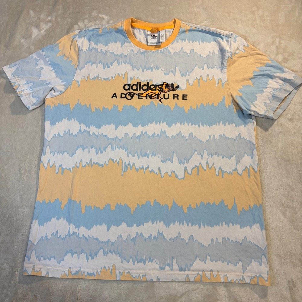 Adidas Adventure Mens XL T-Shirt Blue Yellow Jagged Stripe Chameleon Logo